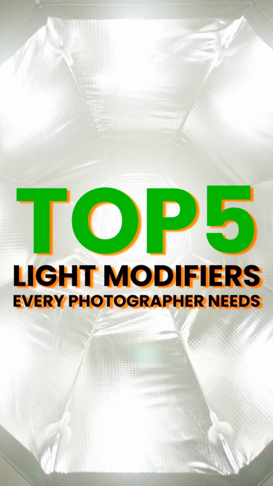 Graphic titled 'TOP 5 LIGHT MODIFIERS EVERY PHOTOGRAPHER NEEDS' over a reflective studio backdrop