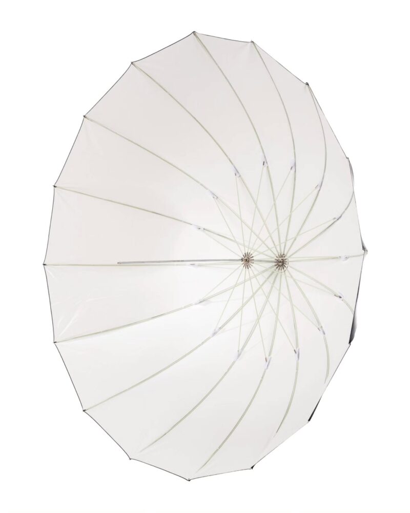 Open white umbrella canopy with visible metal ribs and spokes against a light background, viewed from above/side angle