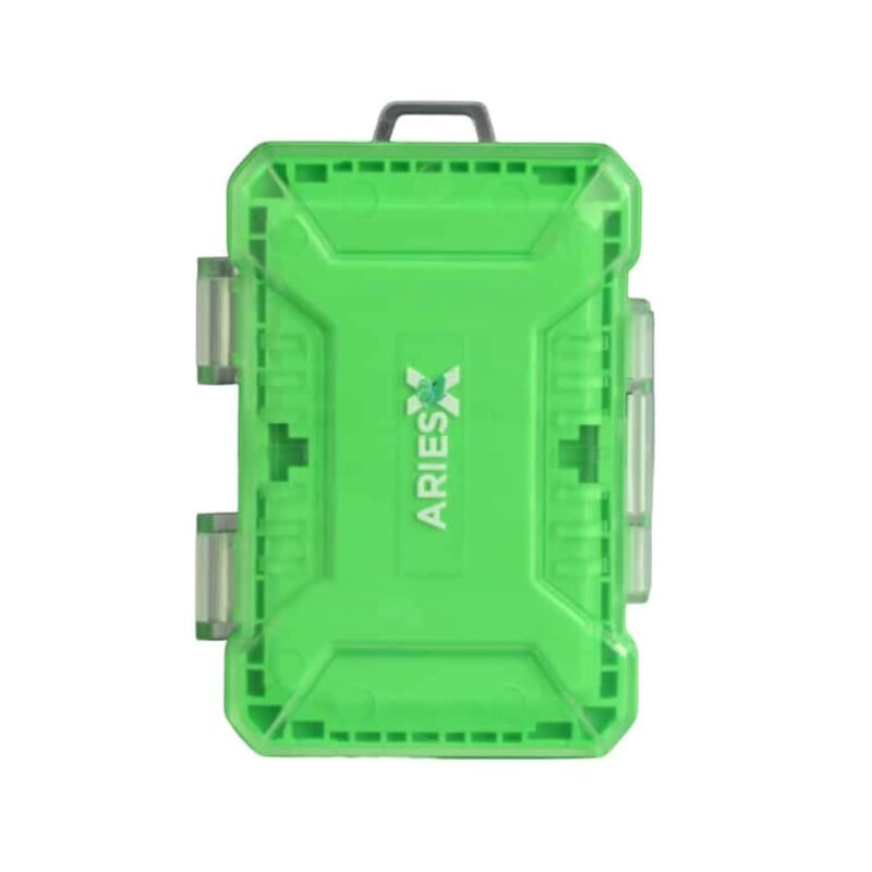 Bright green hard plastic case with a black top handle and side latches; brand Aries visible on the front.