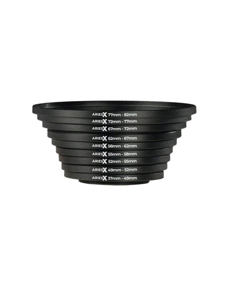 Stacked ARIES lens adapter rings labeled with size ranges (77–82mm down to 37–49mm).