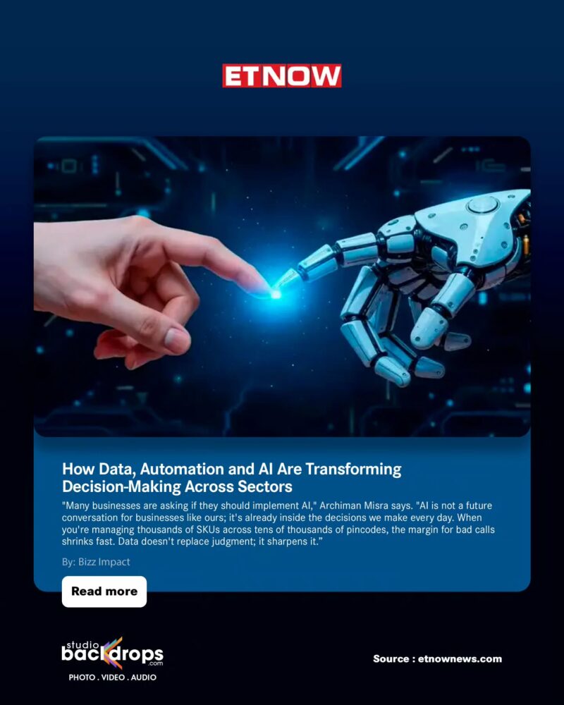 ETNOW logo over a dark blue gradient, then a tech-themed card showing a human finger touching a robotic hand in blue light—symbolizing AI and human-robot collaboration.
