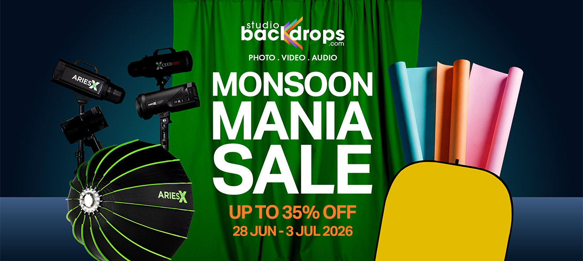 Advertisement banner for Monsoon Mania Sale featuring photography lights, umbrella reflector, and colorful backdrops with up to 35% off (June 28–July 3, 2026).